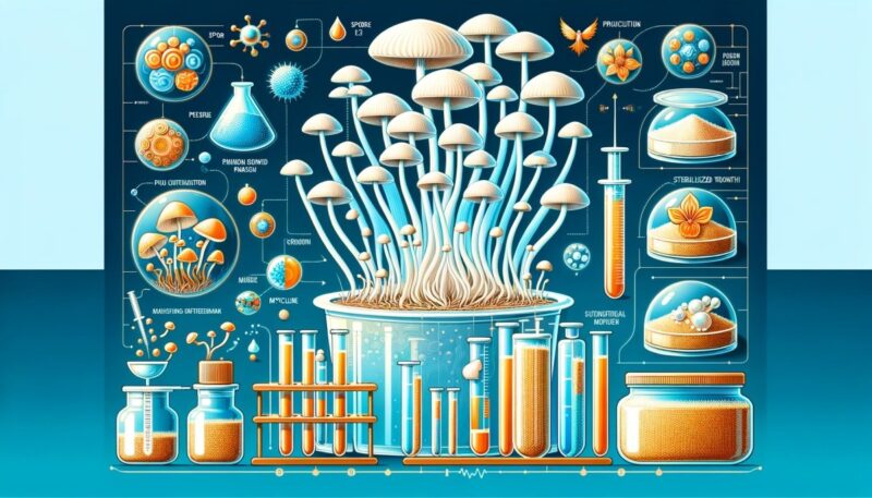 Grafika edukacyjna przedstawiająca proces hodowli grzybów psylocybinowych, włączając etapy od inokulacji zarodników do wzrostu mycelium i owocowania grzybów. Na ilustracji widoczne są szalki Petriego, sterylizowane słoiki z ziarnami oraz kontrolowane środowisko uprawy, co podkreśla naukowy i edukacyjny kontekst artykułu o uprawie grzybów.